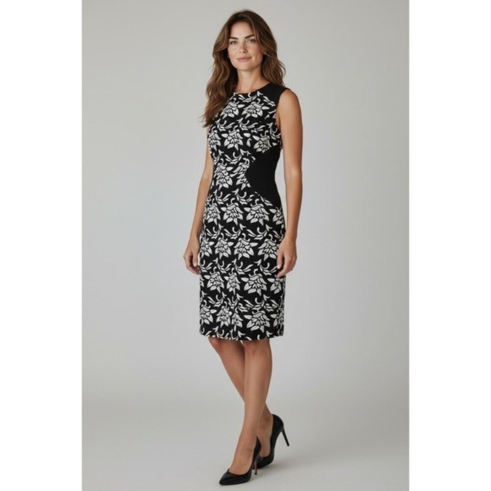 BCBGMAXAZRIA Laurine Black White Embroidered Lace Overlay Sheath Dress